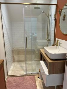 a bathroom with a glass shower and a sink at Clos Théodore - Appartement climatisé avec sauna, petite terrasse et mezzanine in Givry