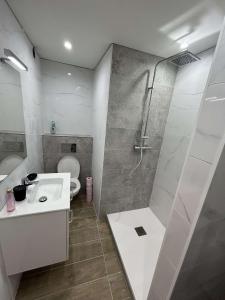 uma casa de banho com um chuveiro, um lavatório e um WC. em Appartement cap agde port 4 couchage em Cap d'Agde