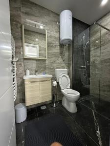 y baño con aseo, lavabo y ducha. en Apartmani City Foča, en Foča