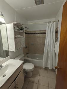 Bennington Motor Inn في بنينغتون: حمام مع مرحاض وحوض استحمام ومغسلة