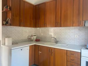 a kitchen with wooden cabinets and a white sink at Villa Constanza in Siviri +10 photos