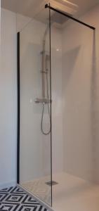 - une douche avec une porte en verre dans la chambre dans l'établissement "Au pied du Beffroi" - Superbe emplacement, à Arras