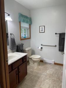 a bathroom with a white toilet and a sink at Falls Edge Farm Cottage in Benton +14 photos