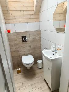 małą łazienkę z toaletą i umywalką w obiekcie Lawendowe Domki i Apartamenty w Pobierowie w Pobierowie