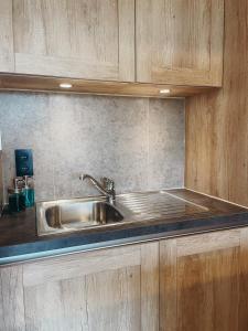 a kitchen with a stainless steel sink and wooden cabinets at Malpertus in Bredene