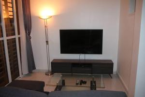 ein Wohnzimmer mit einem Flachbild-TV und einem Sofa in der Unterkunft Appartement à 5 min de la plage in Bouéni