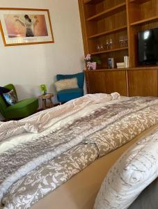 Schlafzimmer mit einem Bett, einem TV und einem Stuhl in der Unterkunft die perfekte Auszeit in Illingen