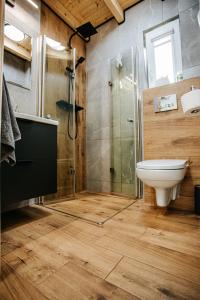 a bathroom with a shower and a toilet and a sink at Domki Nad Starym Potokiem in Ustrzyki Dolne