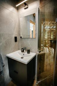 a bathroom with a sink and a shower and a mirror at Domki Nad Starym Potokiem in Ustrzyki Dolne