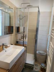 ein Bad mit einer Dusche und einem weißen Waschbecken in der Unterkunft Superbe appartement moderne et lumineux à Puteaux! in Puteaux