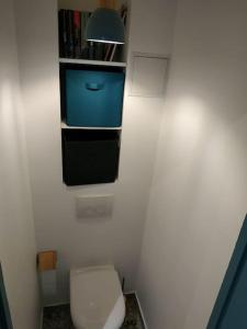 baño pequeño con aseo y armario azul en Superbe appartement moderne et lumineux à Puteaux!, en Puteaux