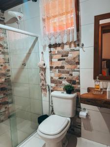 a bathroom with a toilet and a glass shower at Chalés Vale das Pedras in Venda Nova do Imigrante