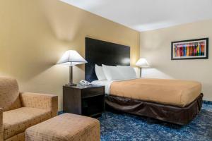 Pokój hotelowy z łóżkiem i krzesłem w obiekcie Quality Inn & Suites Banquet Center w mieście Livonia
