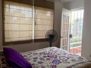 1 dormitorio con 1 cama, ventilador y ventana en Casita Zapata en Emiliano Zapata