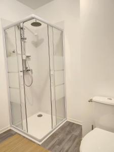 a glass shower in a bathroom with a toilet at Le Pampas - ZMN Conciergerie in Saint-Quentin