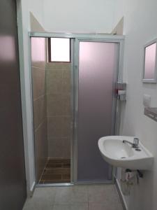 La salle de bains est pourvue d'une douche et d'un lavabo. dans l'établissement Casa Rosanna, à Campeche