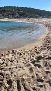 a beach with footprints in the sand and water at La Mansarda in Biancareddu