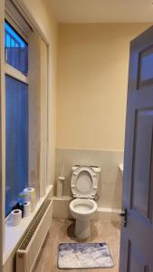 a bathroom with a toilet and a sink and a window at Memory Homes MM H2 in Dukinfield