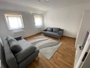 uma sala de estar com um sofá e um tapete em HN-Stadt Wohnung mitten im Zentrum! em Heilbronn