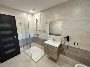 a bathroom with a glass shower and a sink at Apartmány KŘENOV in Bernartice