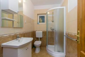 La salle de bains est pourvue de toilettes, d'un lavabo et d'une douche. dans l'établissement Villa Oasis near Krka Waterfalls, à Drniš
