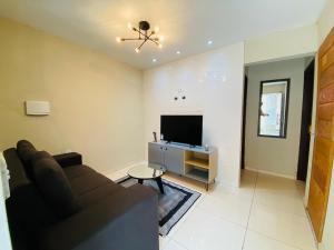 a living room with a couch and a television at Flat Milagres Bontempo in São Miguel dos Milagres