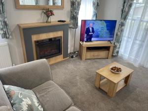 a living room with a couch and a tv and a fireplace at 16 Leaf Lane Country Retreat in Newton on the Moor