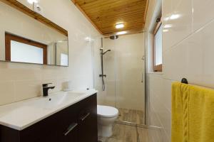 a bathroom with a sink and a toilet and a shower at Casas da Pedreira in Lajes do Pico