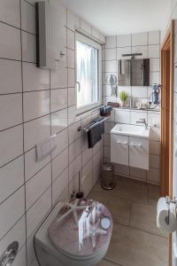 uma casa de banho com um lavatório e um WC. em FeWo-tt em Traben-Trarbach