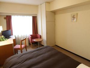 a hotel room with a bed and a desk and chair at HOTEL LiVEMAX BUDGET Yokohama Kannai in Yokohama