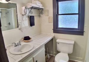 a bathroom with a sink and a toilet and a window at D'vinery Rock Cottage/ #6 in Eureka Springs +2 photos