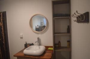 a bathroom with a sink and a mirror on a counter at Kai Palmer Lodge in Punaauia