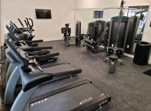 a gym with several treadmills and cardio machines at Ballpark Luxury Loft steps from Arch in Saint Louis