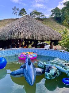 a swimming pool with inflatable turtles in the water at Finca Dos Apóstoles 