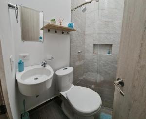 une salle de bain avec toilettes, lavabo et douche dans l'établissement Home Eliz El espacio perfecto, à Cartago 21 autres photos