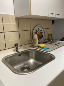 a kitchen counter with a sink in a kitchen at Apartman K 99, Karadjordjeva 99, Bela Crkva in Bela Crkva