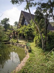 una casa con un estanque delante de ella en Riverside cabin, en Pengalongan