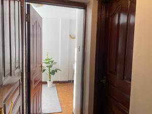 une porte menant à un couloir avec une plante en pot dans l'établissement Private,secure 1bedroom in Nairobi west, à Nairobi