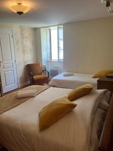 オーバジーヌにあるle Saint-Etienneのベッドルーム1室(ベッド2台、枕、椅子付)