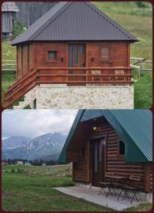 two pictures of a log cabin with a green roof at Bosaca in Žabljak