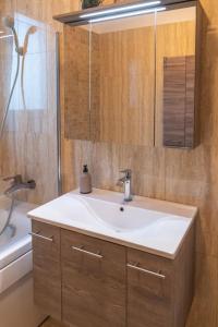 a bathroom with a white sink and a shower at Apusului Residence Modern 2 Bedroom Apartment in Roşu