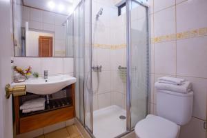 a bathroom with a shower and a toilet and a sink at Hostal Uruhao in Hanga Roa