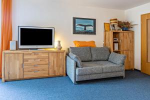 ein Wohnzimmer mit einem TV auf einer Holzkommode in der Unterkunft Geräumige Ferienwohnung mit Garten in Denkingen