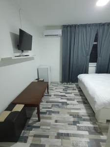 a bedroom with a bed and a desk and a tv at Hotel Diana in Cahul