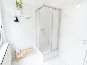 a shower with a glass door in a bathroom at Wohnung Peter in Weimar +17 photos