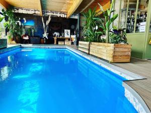 una gran piscina con agua azul y plantas en Villa du Sieck 5 étoiles, en Santec