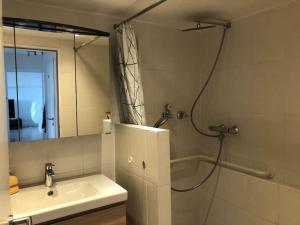 ein Bad mit einer Dusche, einem Waschbecken und einem Spiegel in der Unterkunft Wohnung DC 13A in Neu Ulm