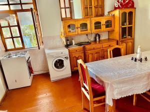 a kitchen with a table and a washing machine at Ismayilli Bag Evi, Vacation Home in İsmayıllı