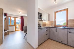 a kitchen with stainless steel cabinets and a large window at MOUNTAIN RESIDENCE ALPENHOF - company Hotel Alpenhof KG sas der Gasser Renate in Bressanone