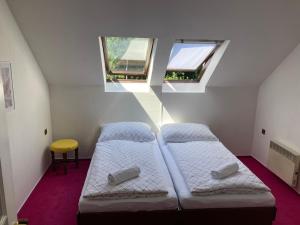 two beds in a small room with two windows at Penzion Breuer in Jablonec nad Jizerou